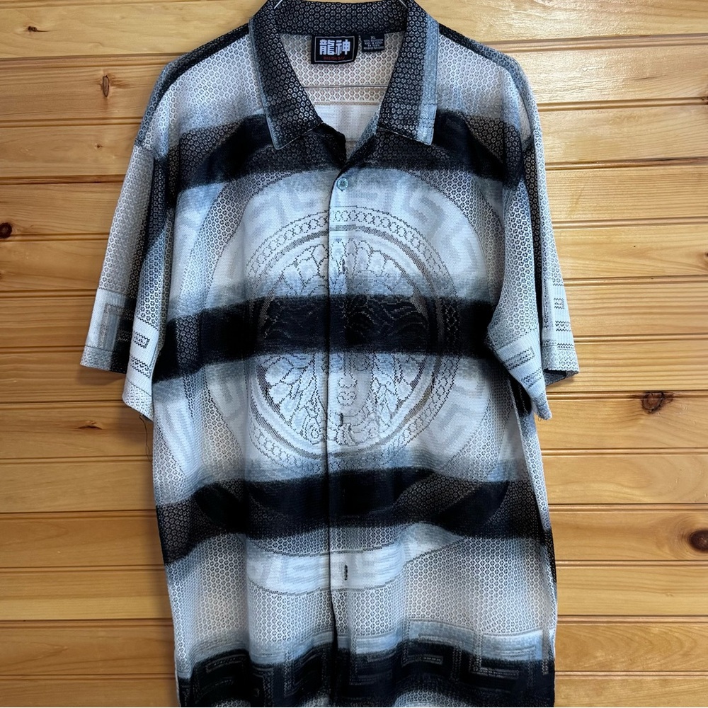 Billion Bay Polyester Mesh Striped Button Up Y2K Black and White Size XL